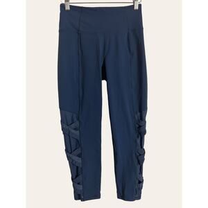 Athleta Blue Chaturanga Cropped High Rise Capri Mesh Leg Active Leggings Size S